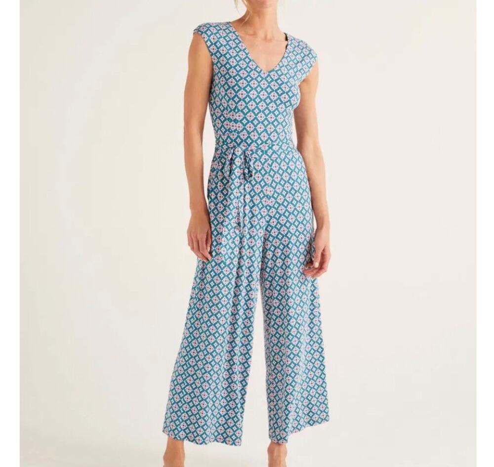 Boden SZ 6 Corinne Jersey Jumpsuit Romper Crop Belt Geometric V-Neck Cap Sleeve